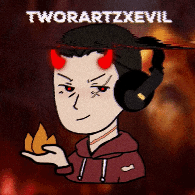 a cartoon of a man with red horns and the words tworartzxevil behind him