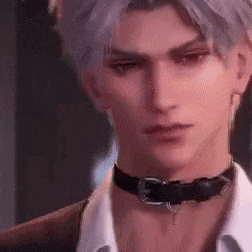 a close up of a man wearing a choker and collar .