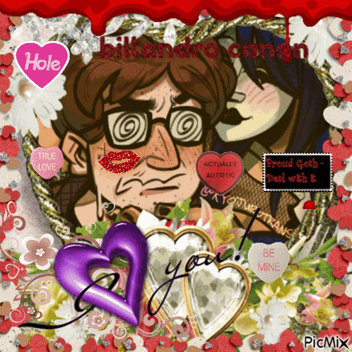 a picture of a man with glasses and a pink heart that says hole on it