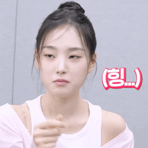 a woman in a white tank top is looking at the camera with a red sign behind her that says " gl "