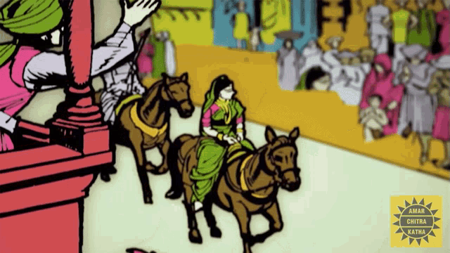 a cartoon of a woman riding a horse with the words amal chitra written on it