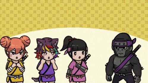 a cartoon of a gorilla holding a sword standing next to three girls