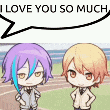 a couple of anime characters standing next to each other with a speech bubble that says i love you so much