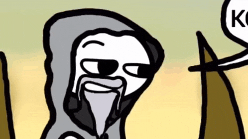 a cartoon of a man with a beard and a hood is talking to another man .