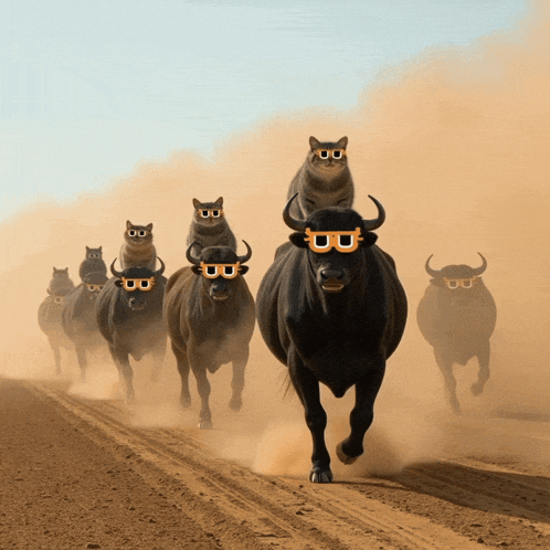 a herd of bulls and cats wearing sunglasses