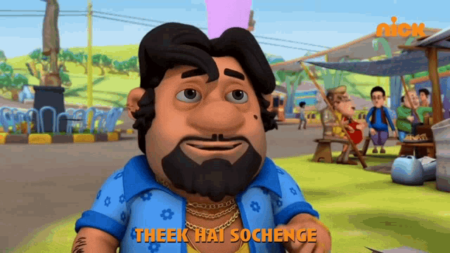 a cartoon character says theek hai sochenge in orange