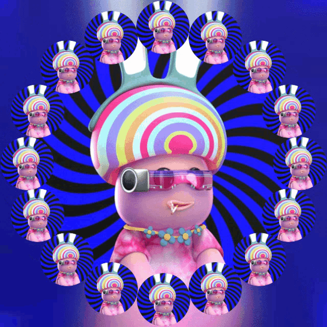a cartoon mushroom wearing sunglasses and a rainbow hat