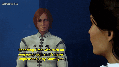 a video game screen shows a woman talking to another woman and the words spending time with such an engaging woman