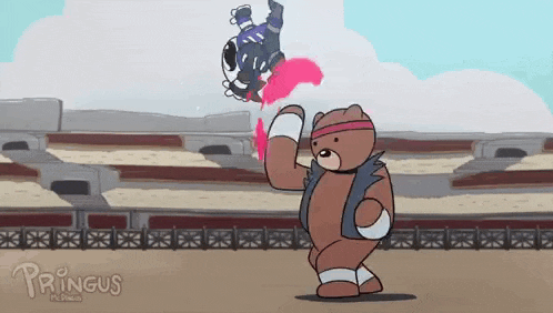 a cartoon of a teddy bear holding a soccer ball while another teddy bear is flying through the air .