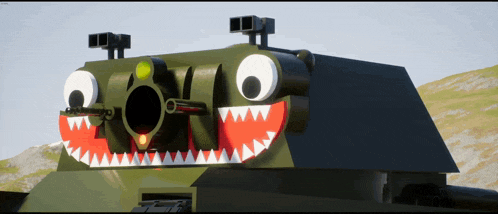 a 3d model of a tank with a cartoon face painted on it
