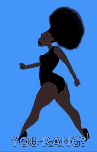 a woman in a black swimsuit is walking on a blue background with the words `` you rang '' written below her .