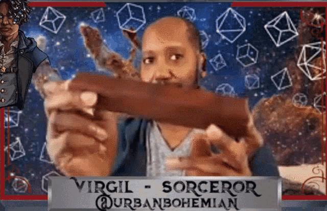 a man is holding a piece of wood in front of a sign that says virgil sorceror @urbanbohemian
