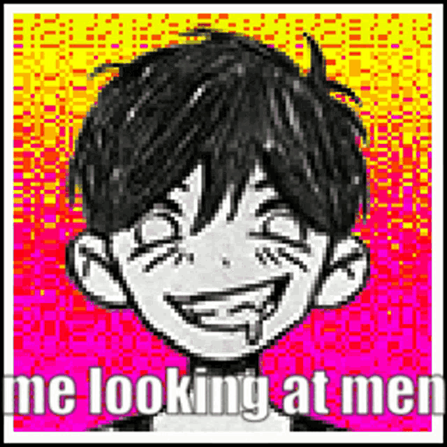 a pixel art of a boy with the words " me looking at men "