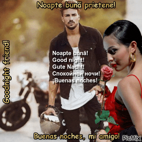 a man holding a helmet stands next to a woman holding a rose and says goodnight friend