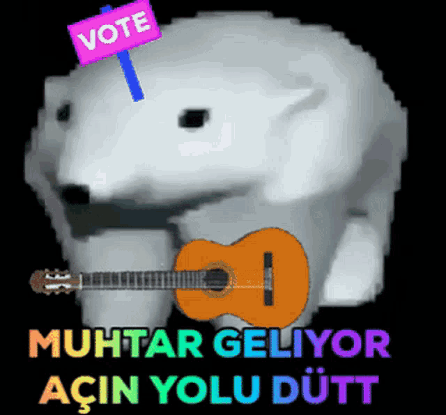 a polar bear holding an acoustic guitar with a vote sign on its head