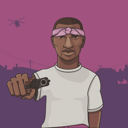 a man with a pink bandana on his head is pointing a gun