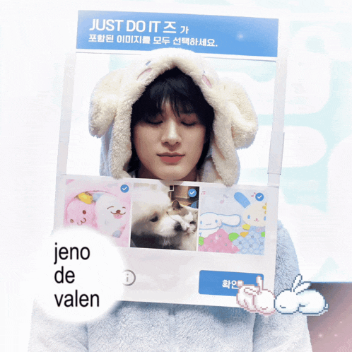 a person wearing a bunny hat is holding a sign that says " just do it "