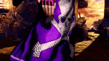 a video game character with a purple cape and a snakeskin belt