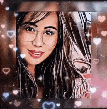 a painting of a woman with glasses is surrounded by hearts and stars .