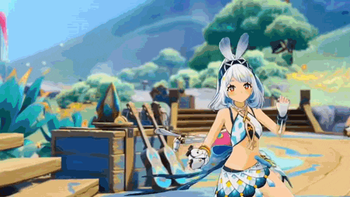 a girl in a bikini is standing on a wooden platform in a video game holding a sword .