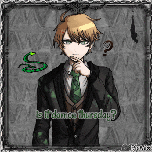 a picture of a boy with a snake and the words is it damon thursday on the bottom