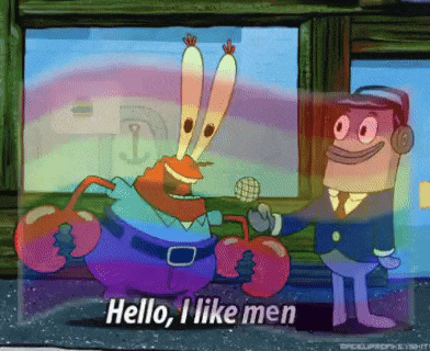 a cartoon character says hello i like men in front of another character