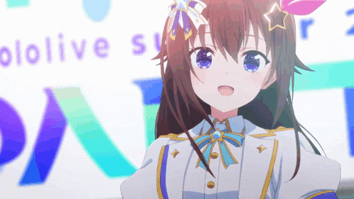 a girl with long brown hair and blue eyes is standing in front of a sign that says hololive summer