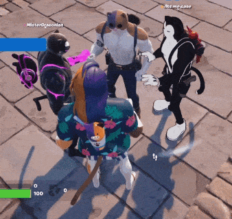 a group of cartoon characters are standing in a circle and one of them has the name misterdragonian on his screen