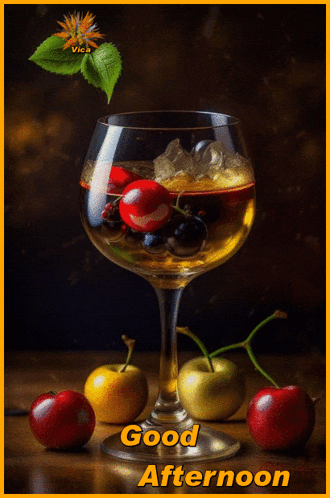 a good afternoon greeting card with a wine glass filled with cherries and apples