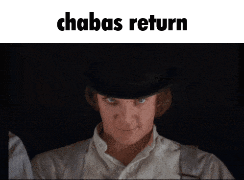 a man in a top hat is drinking a glass of milk with the words chabas return above him