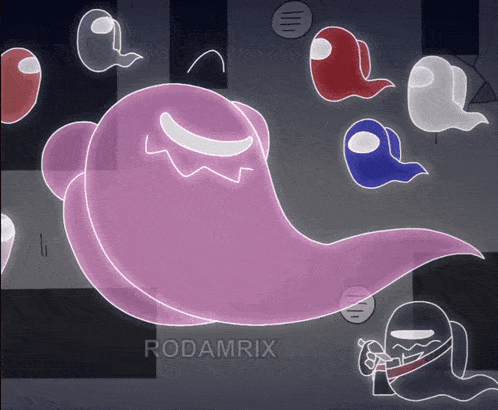 a purple ghost is surrounded by other ghosts and the name rodamrix is on the bottom right