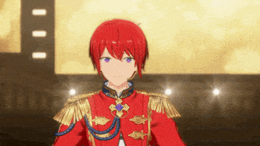 a red haired anime character with gold epaulettes and a purple eye