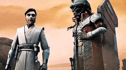 a samurai and a jedi are standing next to each other in a cartoon .