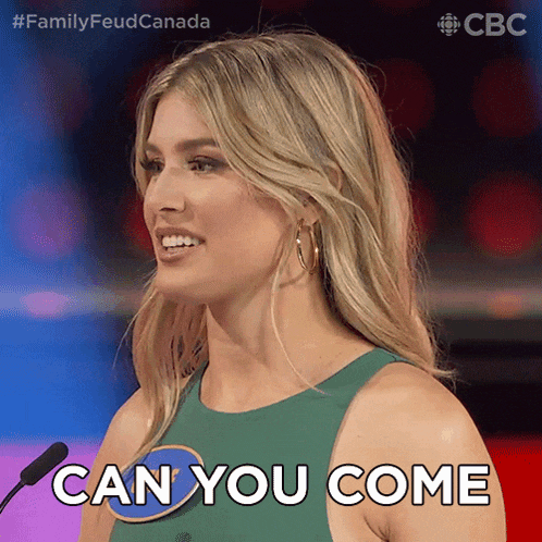 a woman stands in front of a microphone with the words can you come behind her