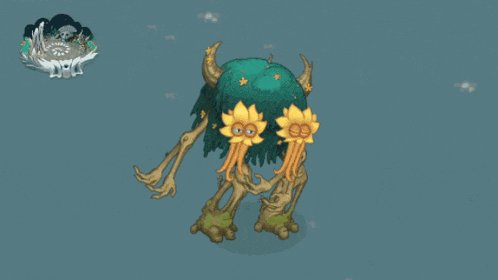 a cartoon drawing of a monster with horns and sunflowers