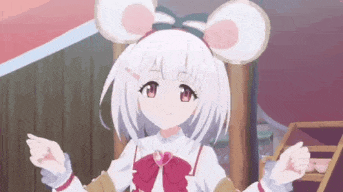 a girl with white hair and ears is wearing a mouse costume and dancing .