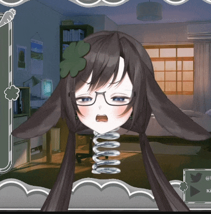 a girl with glasses and a green clover on her head is in a room