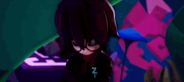 a cartoon character is standing in a dark room with a purple and green background