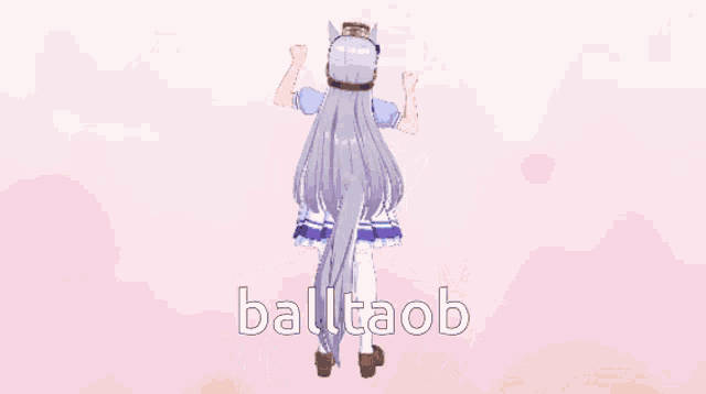 a cartoon girl giving a peace sign in front of a sign that says " balltaob "