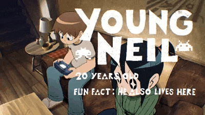 a poster for young neil shows two young boys playing video games