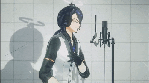 a cartoon character is singing into a microphone while wearing headphones