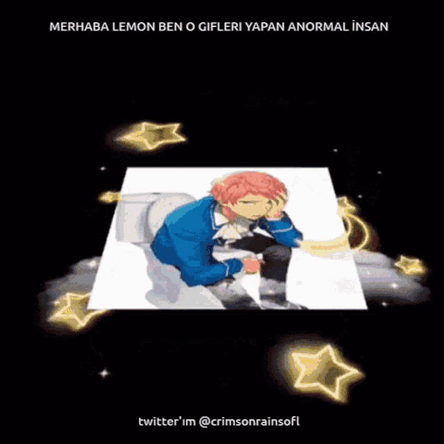 a picture of a boy sitting on a toilet with the words merhaba lemon ben o gifleri yapan annormal insan on the bottom