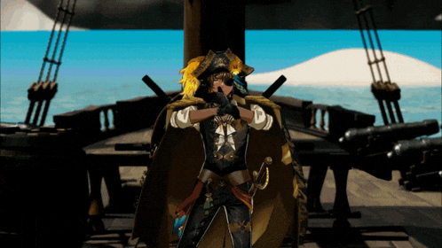 a man in a pirate costume stands on a ship