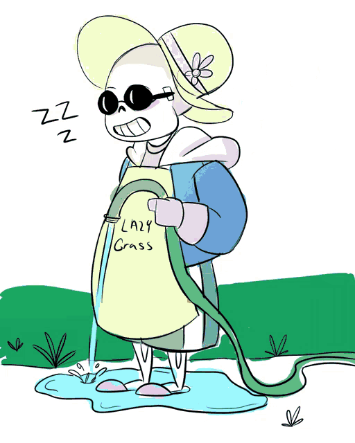 a drawing of a skeleton holding a hose that says lazy grass on it