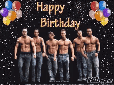 a group of shirtless men standing next to each other with balloons and the words happy birthday written on the bottom