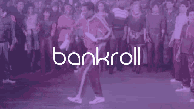 a group of people standing in front of a bankroll logo