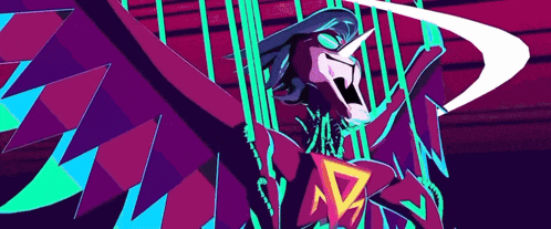 a cartoon character with wings and a triangle on his chest .