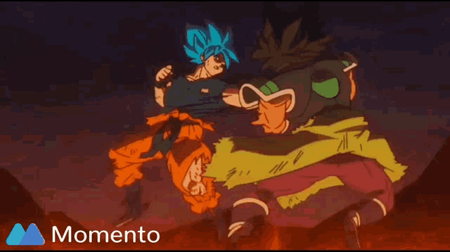 a cartoon of goku and broly fighting with the words momento in the corner