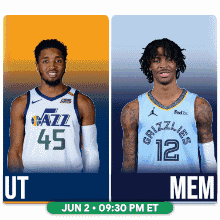 two basketball players from the utah jazz and the mem grizzlies are standing next to each other