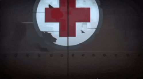a cartoon character with a red cross behind him